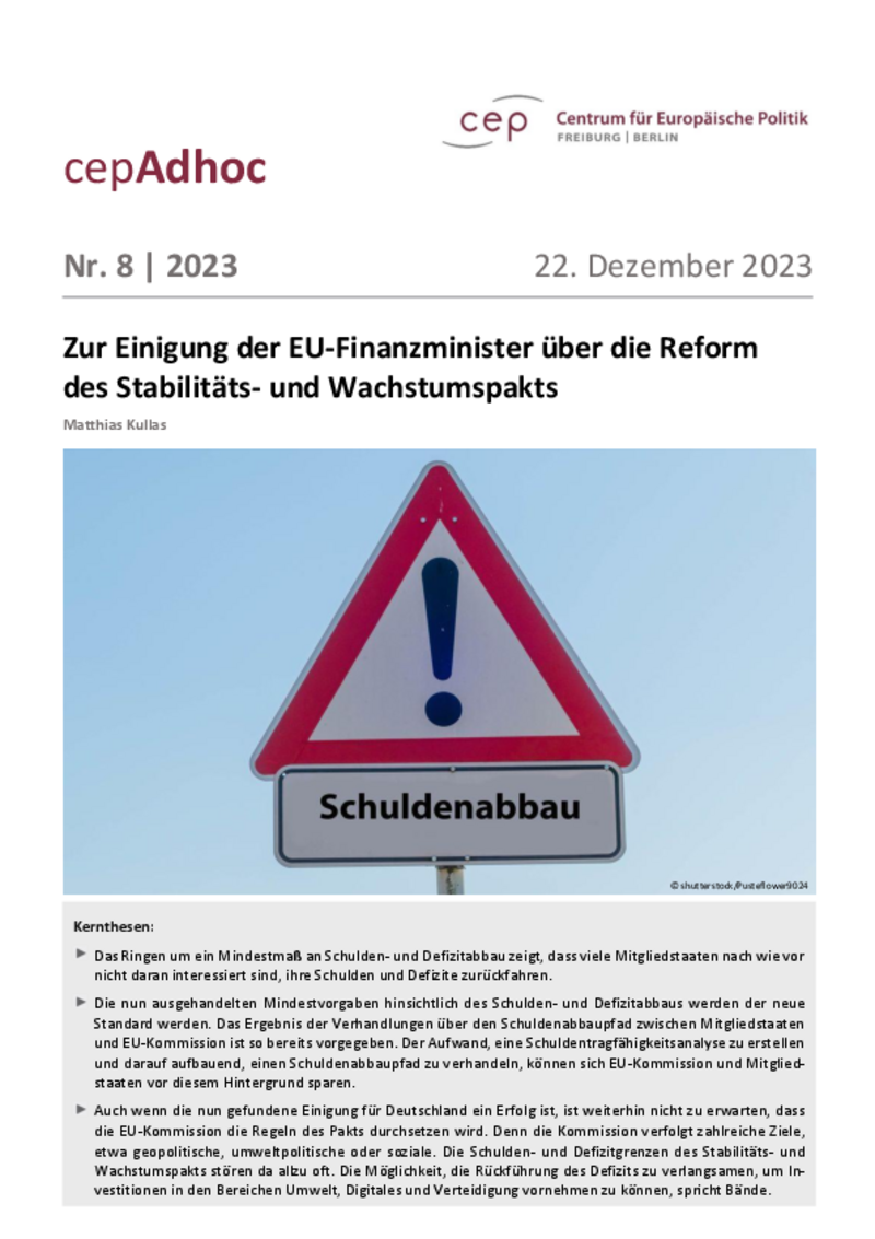 Zur Einigung der EU-Finanzminister über die Reform des Stabilitäts- und Wachstumspakts (cepAdhoc)