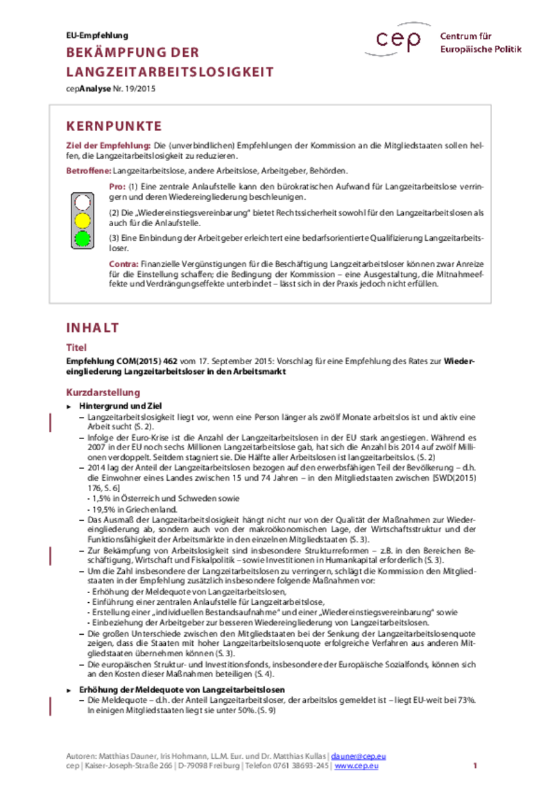 Bekämpfung der Langzeitarbeitslosigkeit COM(2015) 462