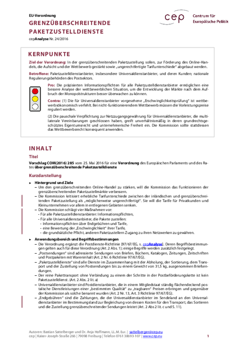 Grenzüberschreitende Paketzustelldienste COM(2016) 285