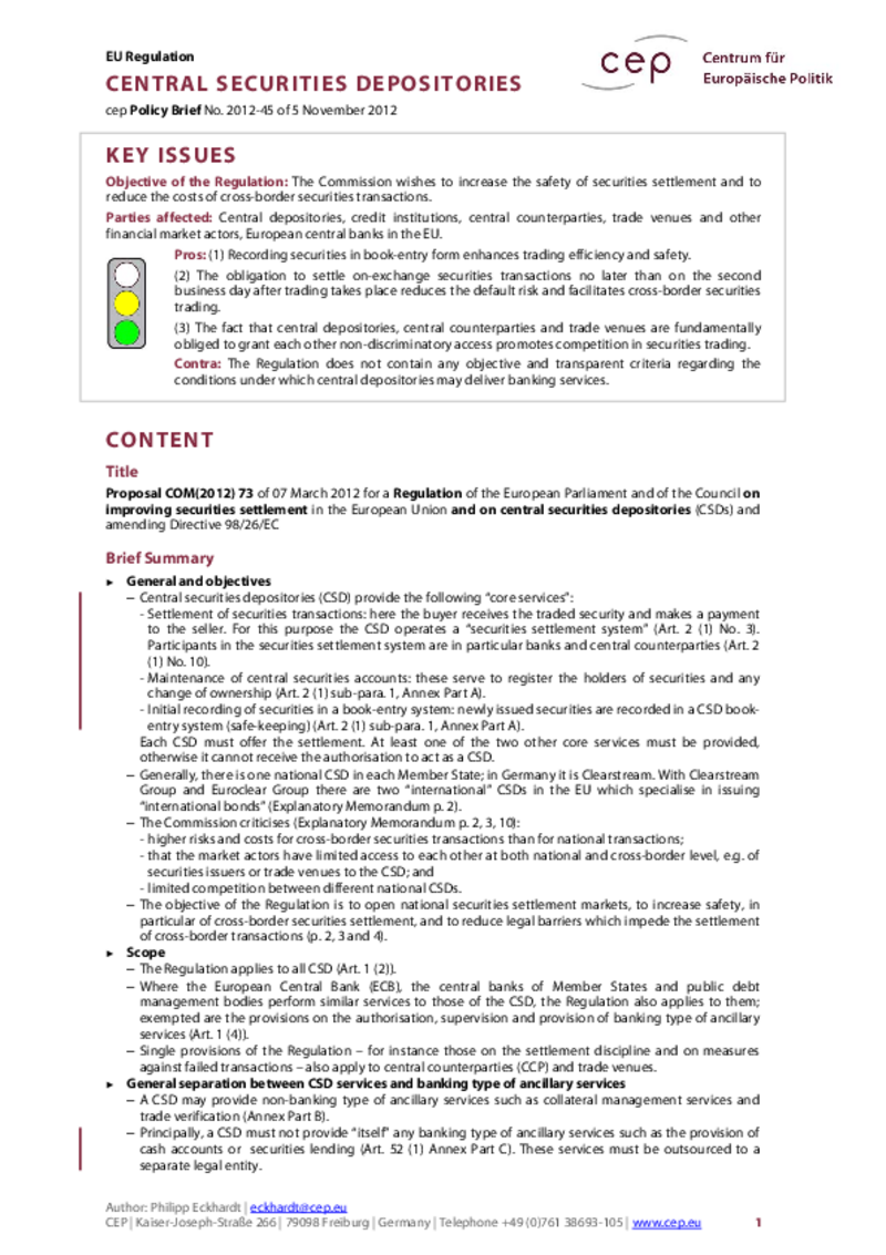 Central securities depositories (CSD) COM(2012) 73