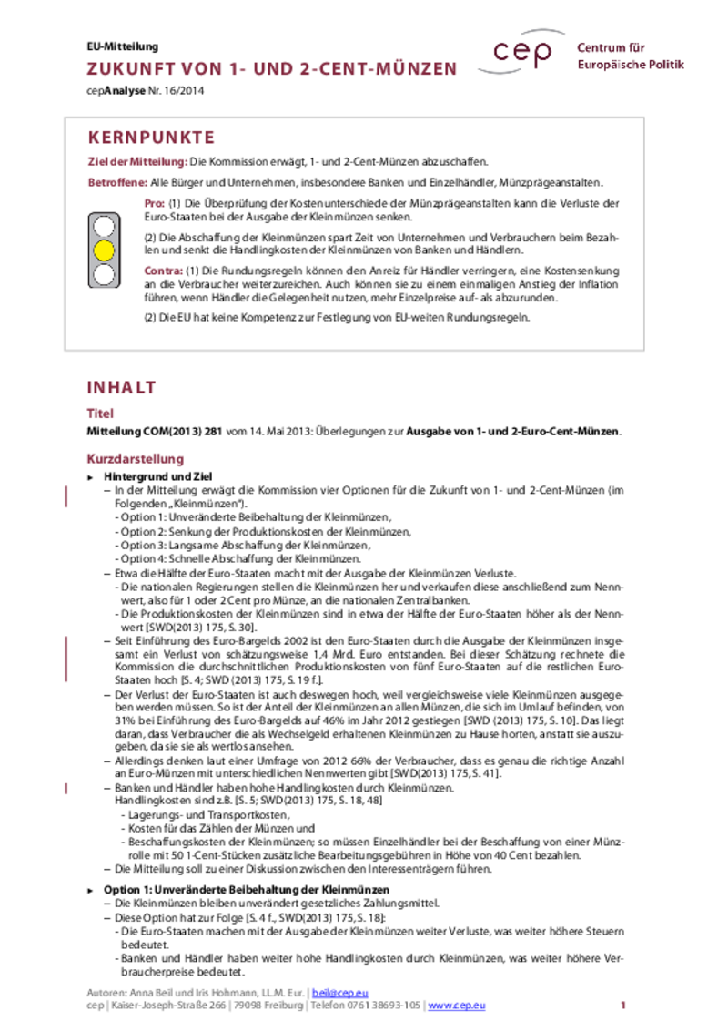 Zukunft von 1- und 2-Cent-Münzen COM(2013) 281
