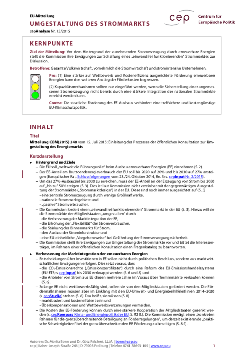 Umgestaltung des Strommarkts COM(2015) 340