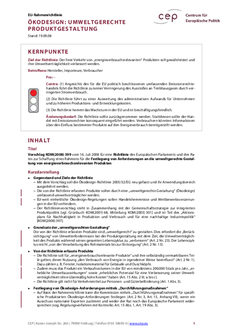 Ökodesign: Umweltgerechte Produktgestaltung KOM(2008) 399