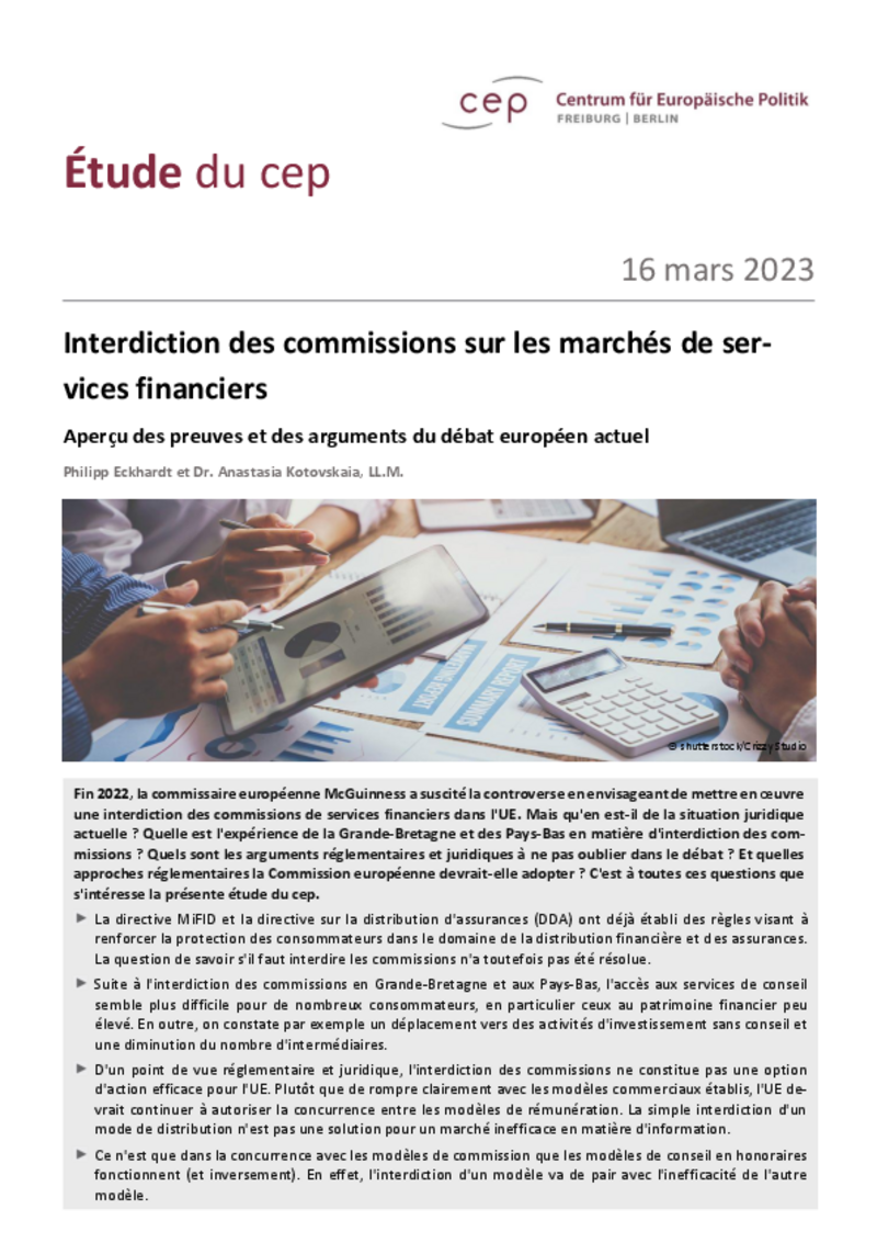 Le cep Berlin/Fribourg rejette l'interdiction des commissions pour les services financiers