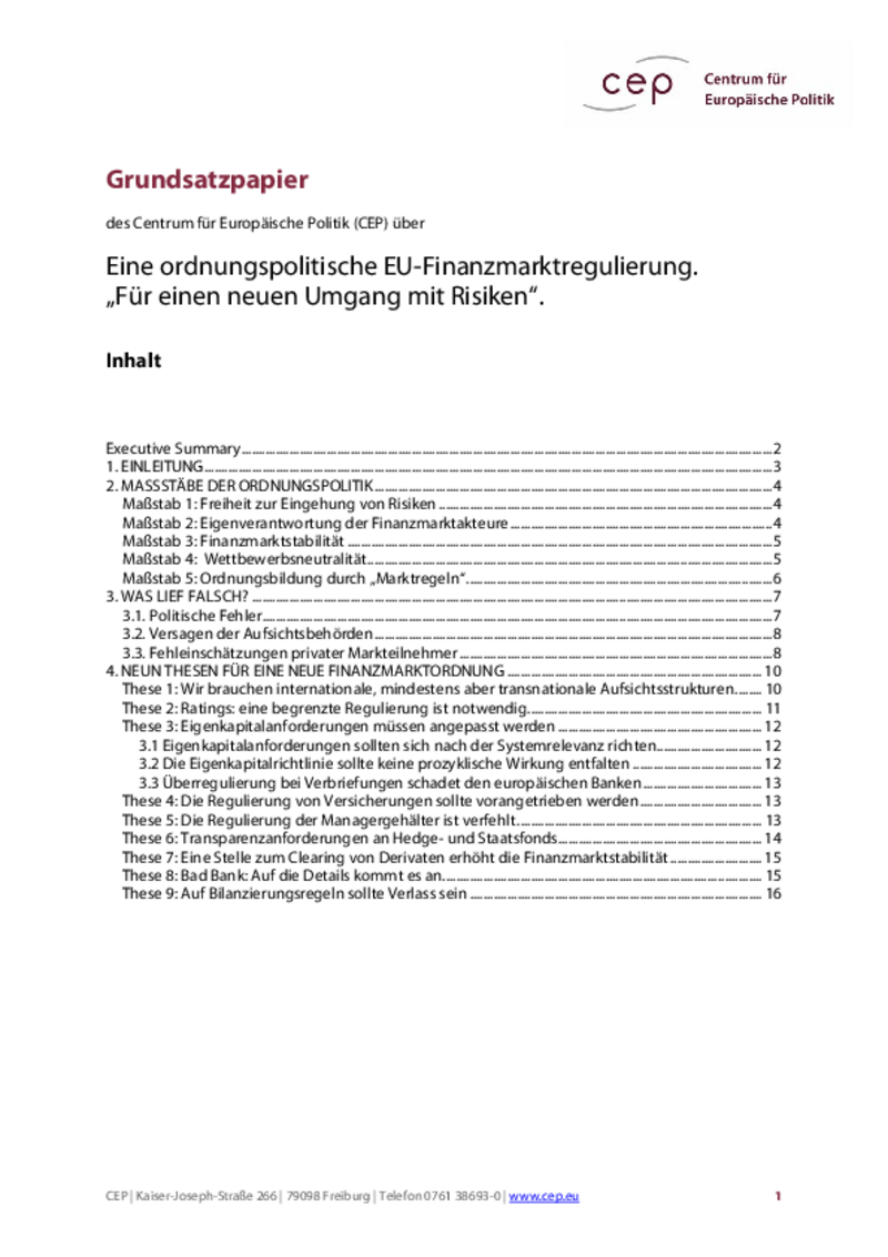 Grundsatzpapier: Eine ordnungspolitische EU-Finanzmarktregulierung