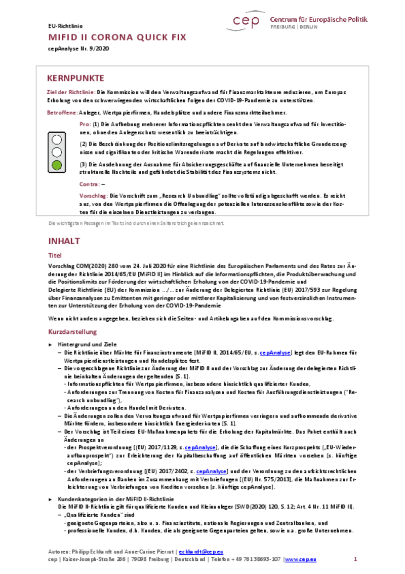 MiFID II Corona Quick Fix (cepAnalyse)