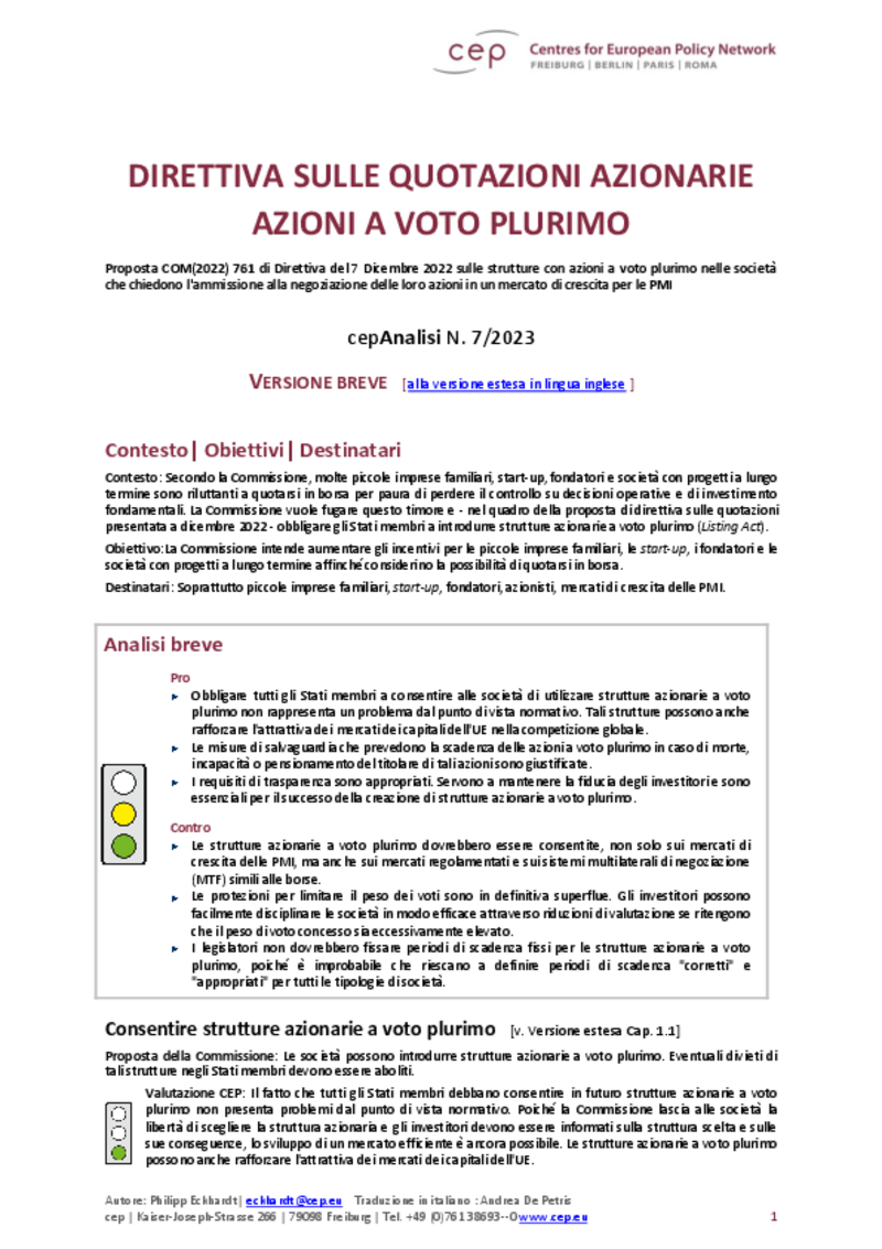 Direttiva sulle quotazioni azionarie: azioni a voto plurimo (cepAnalisi COM(2022) 761)