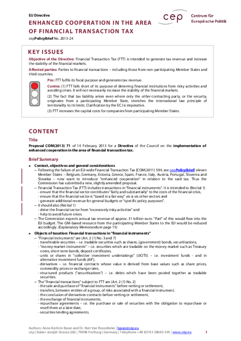 Enhanced Cooperation in the Area of Financial Transaction Tax COM(2013) 71
