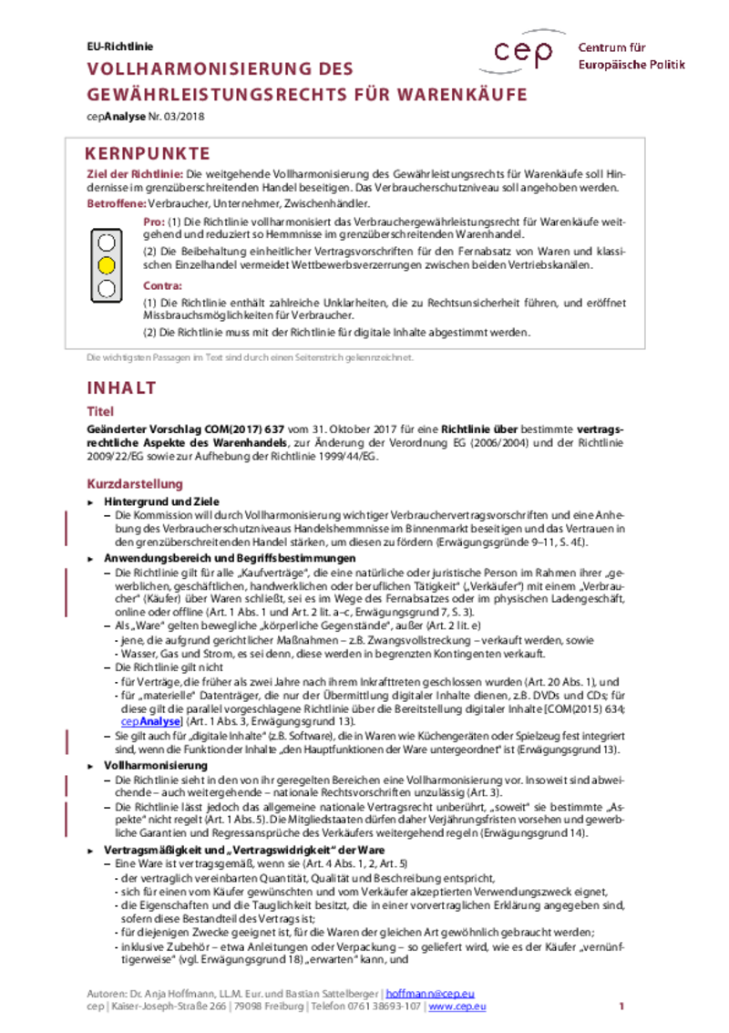 Vollharmonisierung des Gewährleistungsrechts für Warenkäufe COM(2017) 637