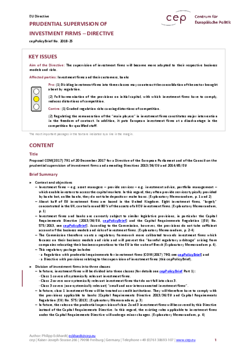 Prudential Supervision of Investment Firms COM(2017) 791