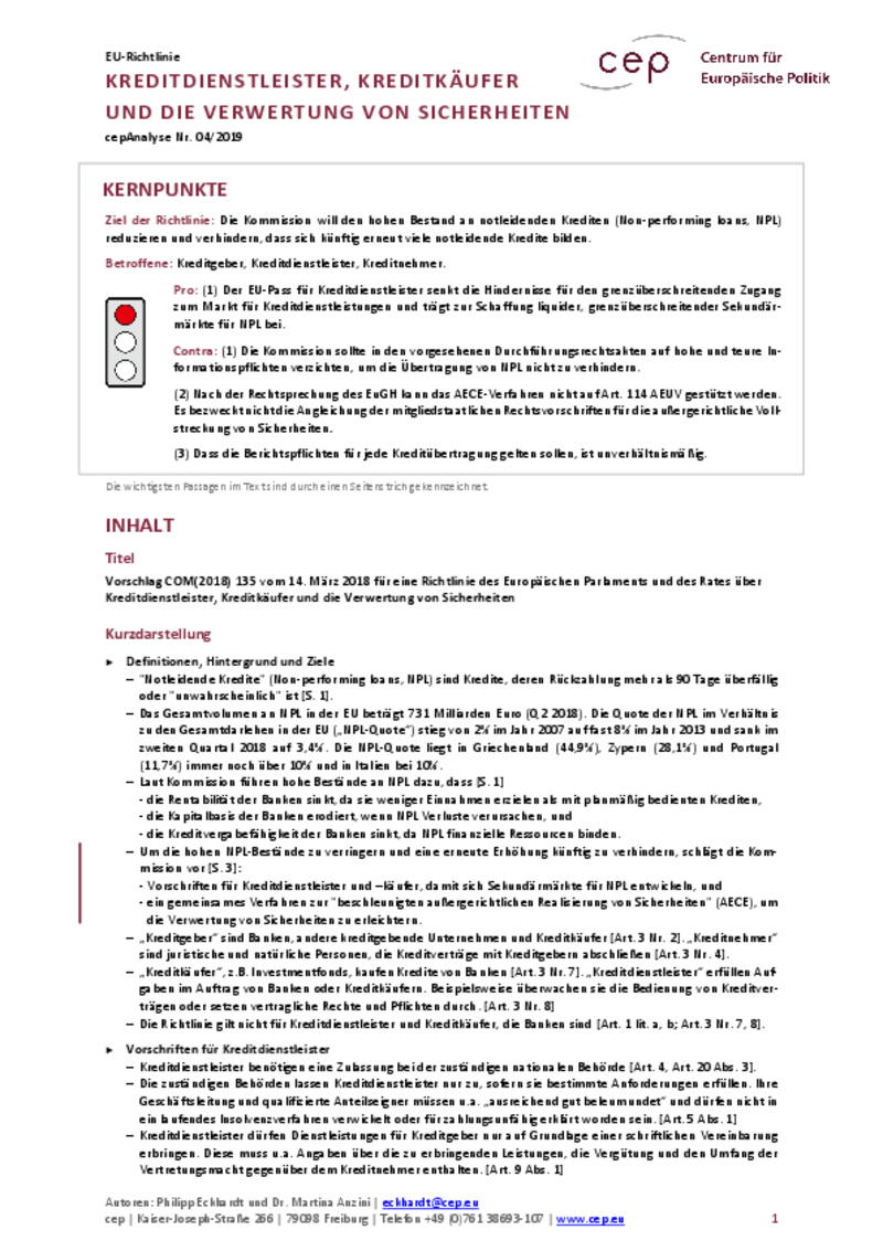 Kreditdienstleister, Kreditkäufer und die Verwertung von Sicherheiten COM(2018) 135