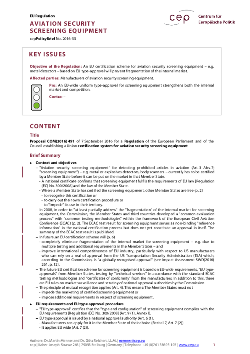 Aviation Security Screening Equipment COM(2016) 491