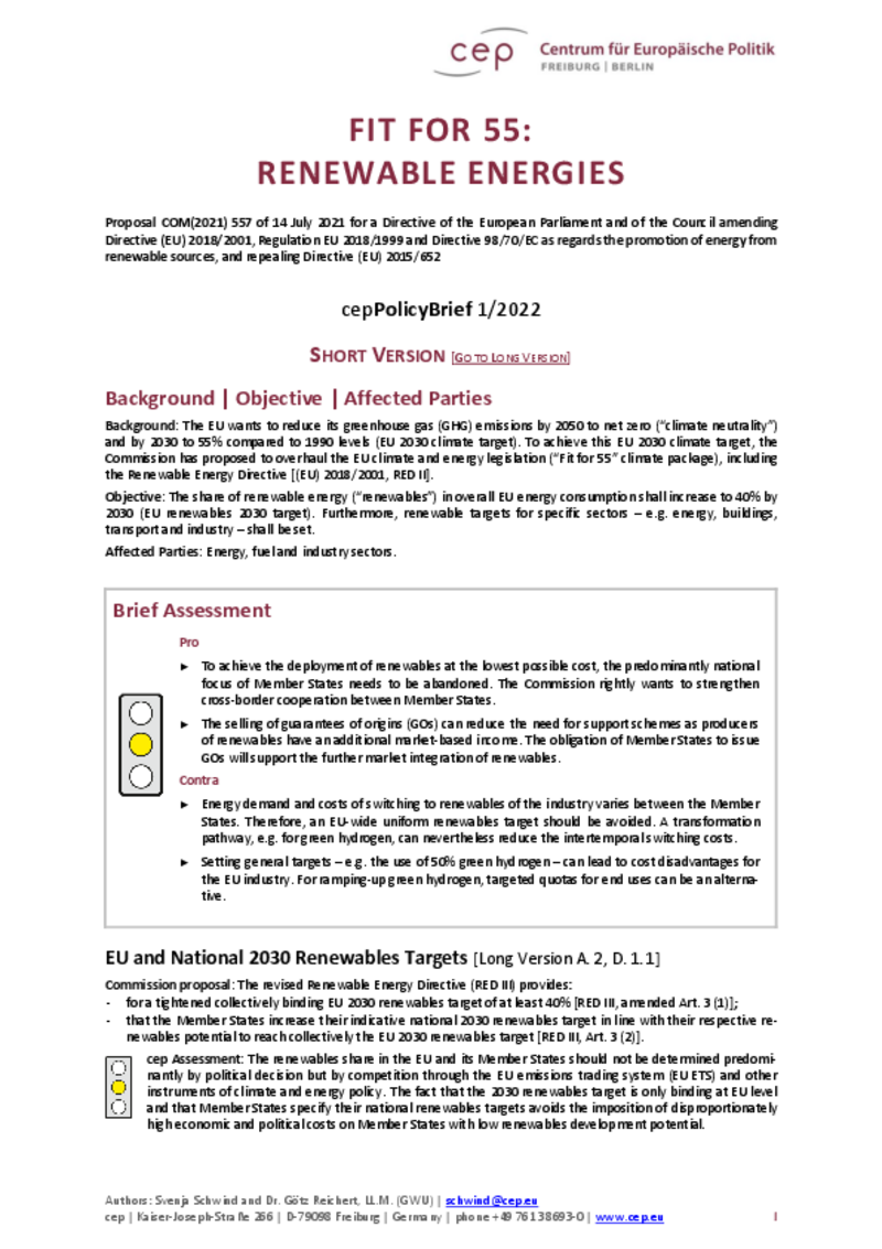 Fit for 55: Renewable Energies (cepPolicyBrief)