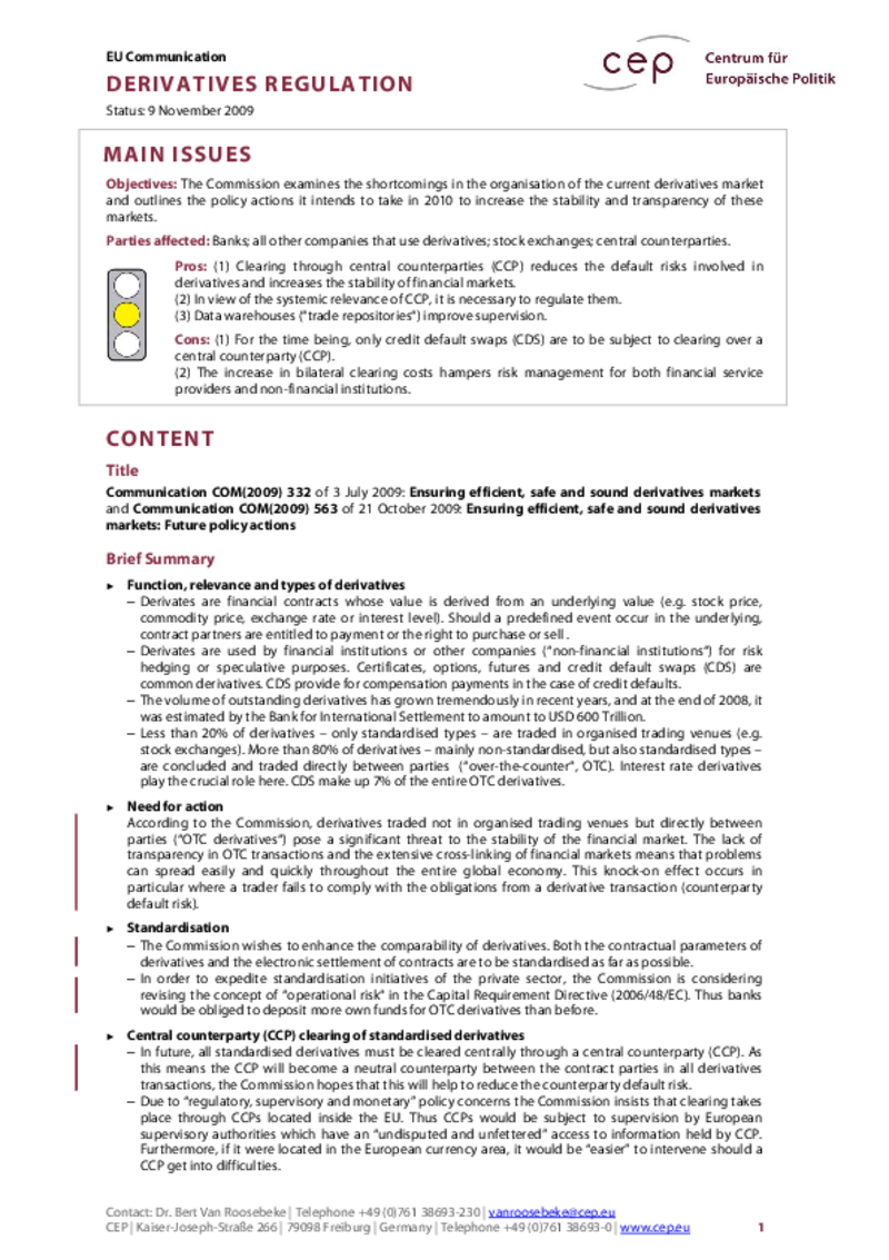 Derivatives Regulation COM(2009) 332