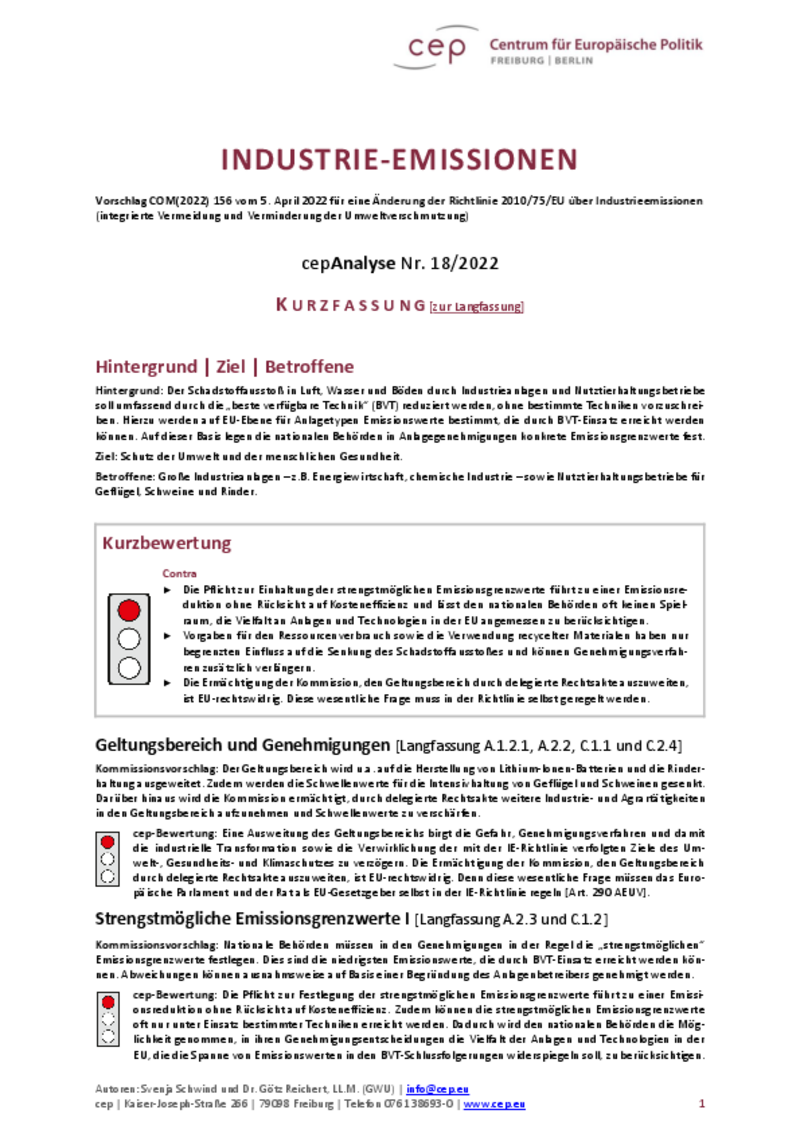 Industrie-Emissionen (cepAnalyse zu COM(2022) 156 Kurzfassung)