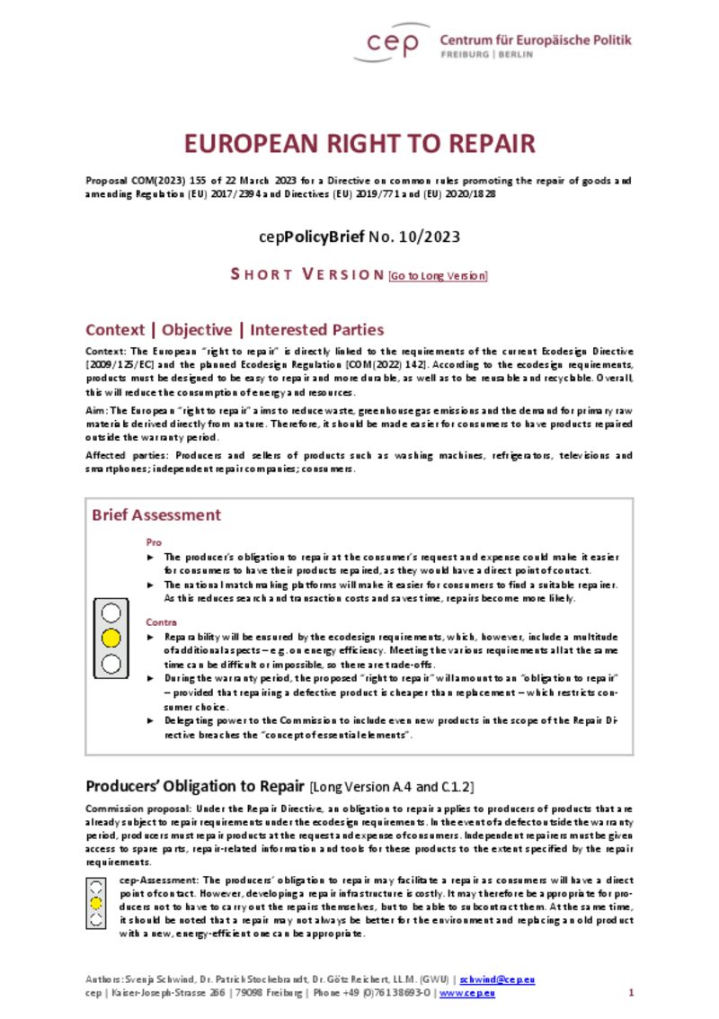 European Right to Repair (cepPolicyBrief Short Version)