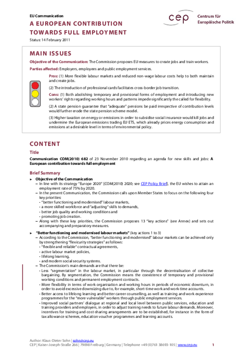 A European Contribution towards full Employment COM(2010) 682