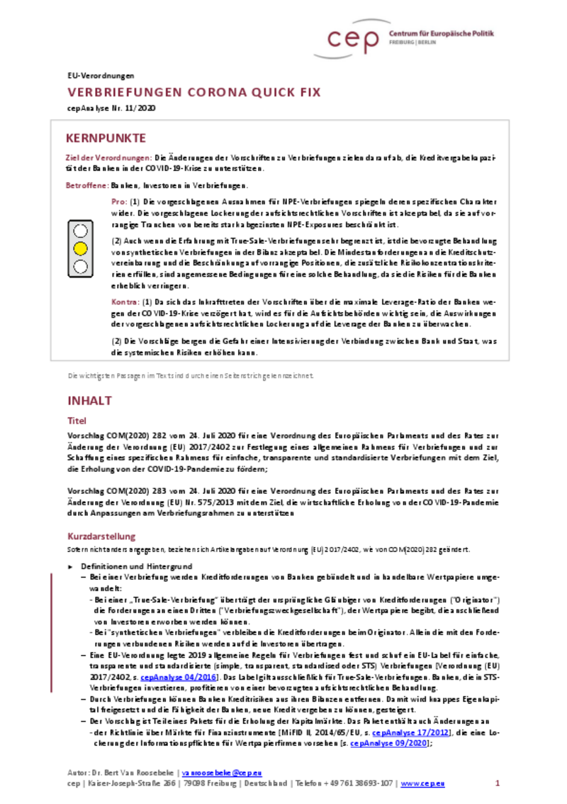 Verbriefungen Corona Quick Fix (cepAnalyse)