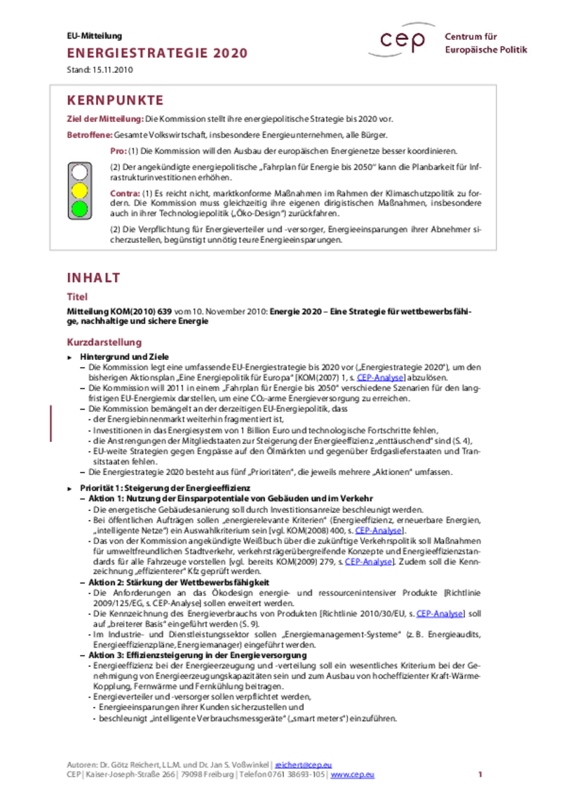 Energiestrategie 2020 KOM(2010) 639