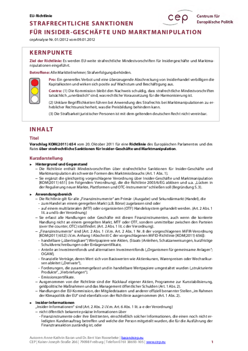 Strafrechtliche Sanktionen für Insider-Geschäfte und Marktmanipulation COM(2011) 654