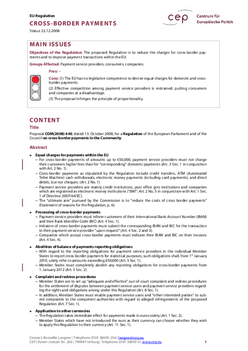 Cross-Border Payments COM(2008) 640