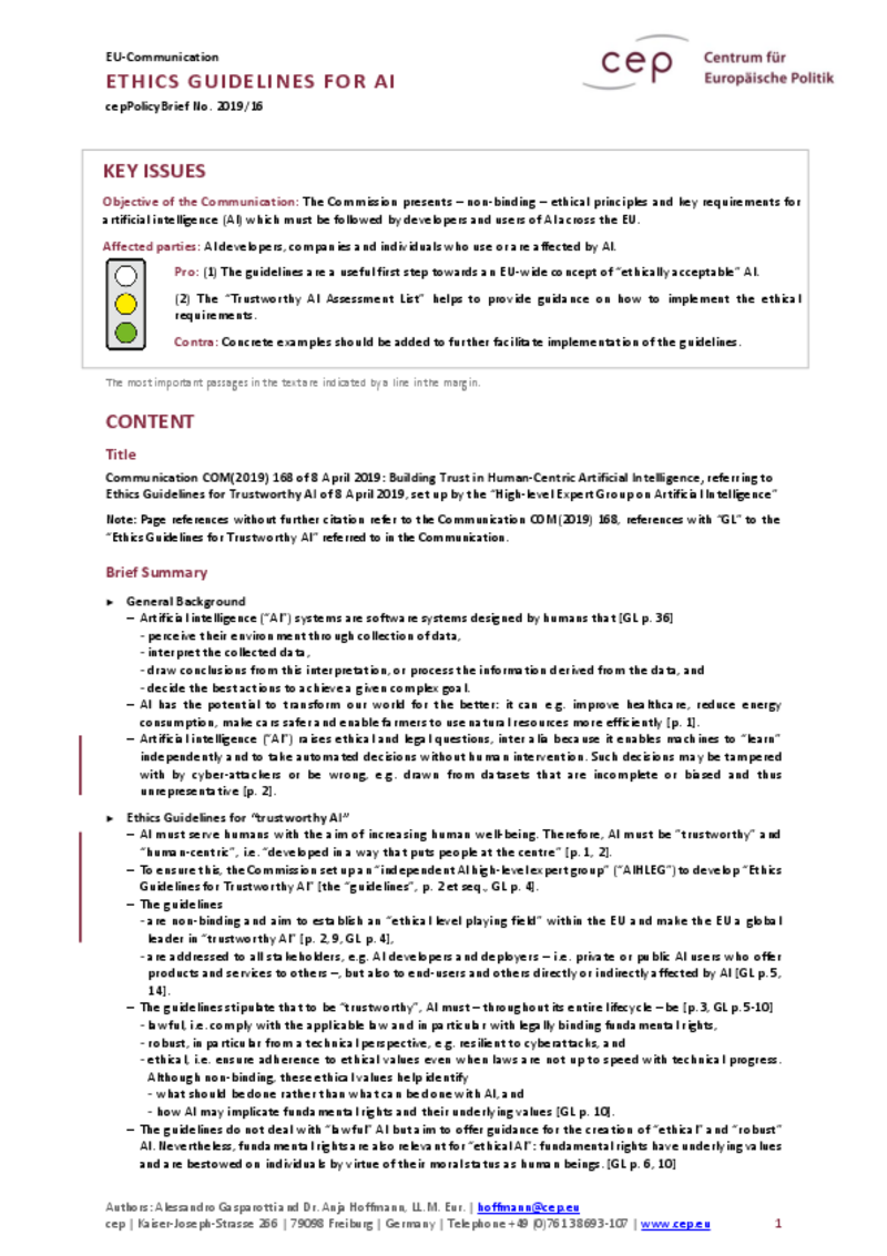 Ethics Guidelines for AI (cepPolicyBrief to EU Communication)