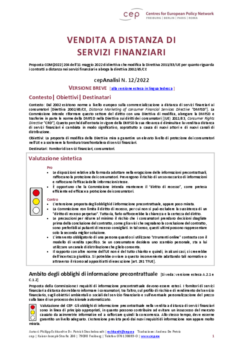 Vendita a distanza di servizi finanziari (cepAnalisi del COM(2022) 204)
