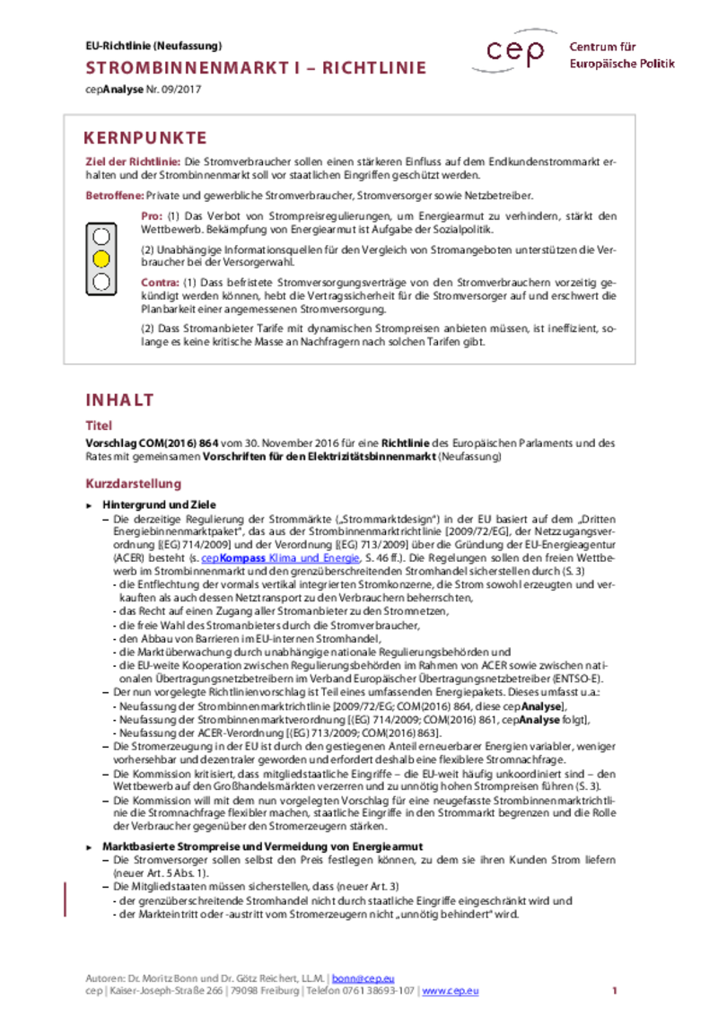 Strombinnenmarkt Teil 1 COM(2016) 864