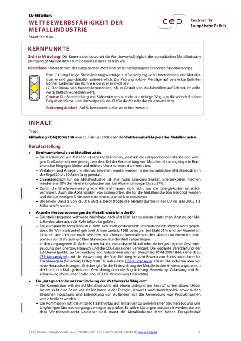 Wettbewerbsfähigkeit der Metallindustrie KOM(2008) 108