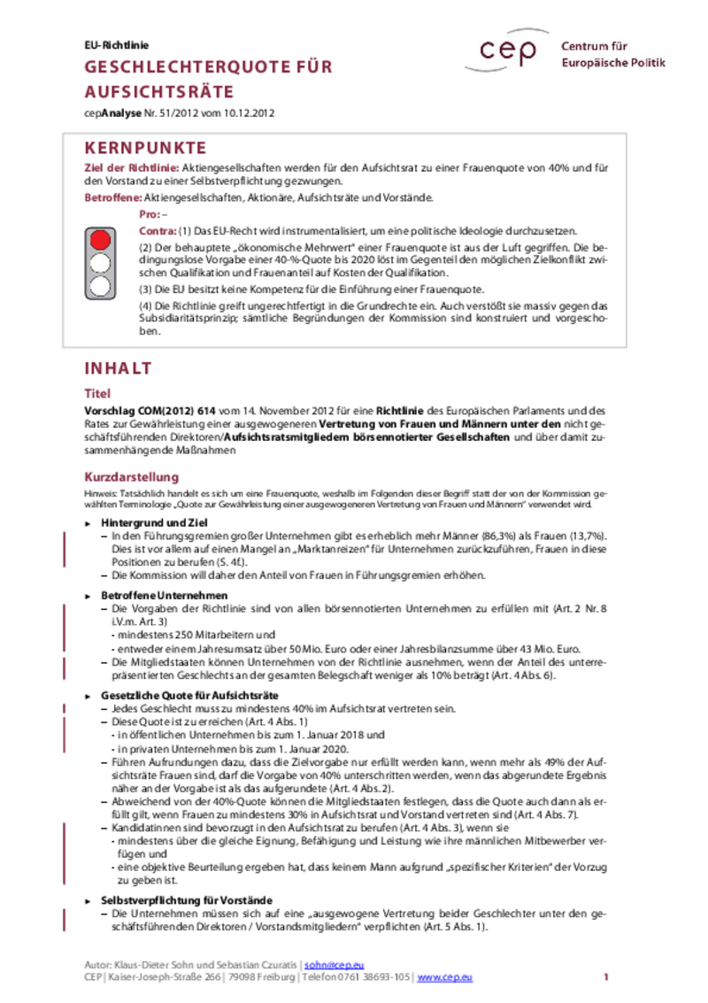 Geschlechterquote für Aufsichtsräte COM(2012) 614
