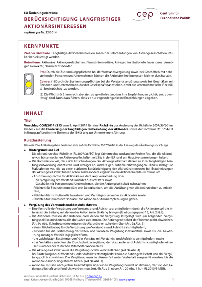 Berücksichtigung langfristiger Aktionärsinteressen COM(2014) 213