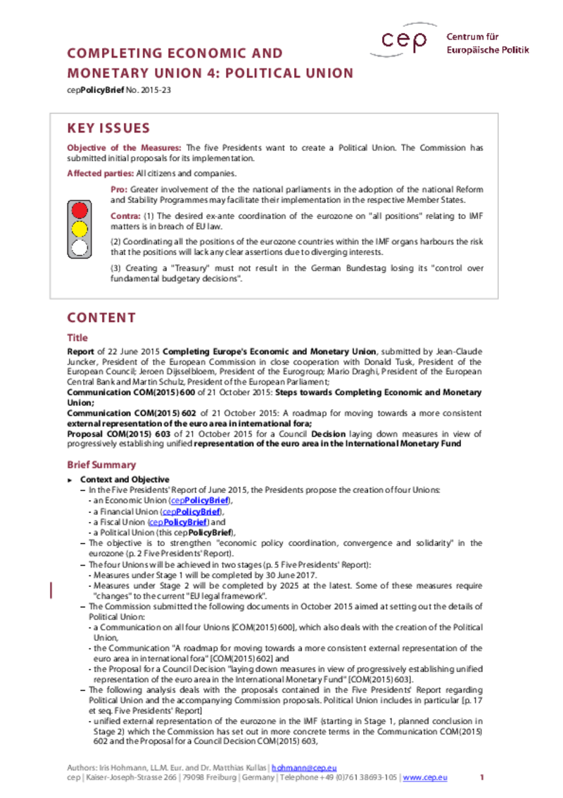 Completing Economic and Monetary Union 4: Political Union