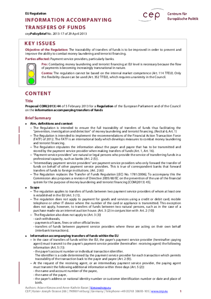 Transfers of Funds COM(2013) 44