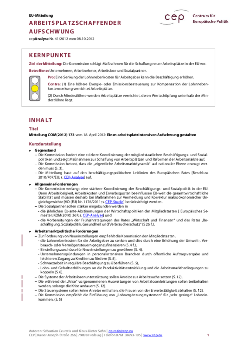 Arbeitsplatzschaffender Aufschwung COM(2012) 173