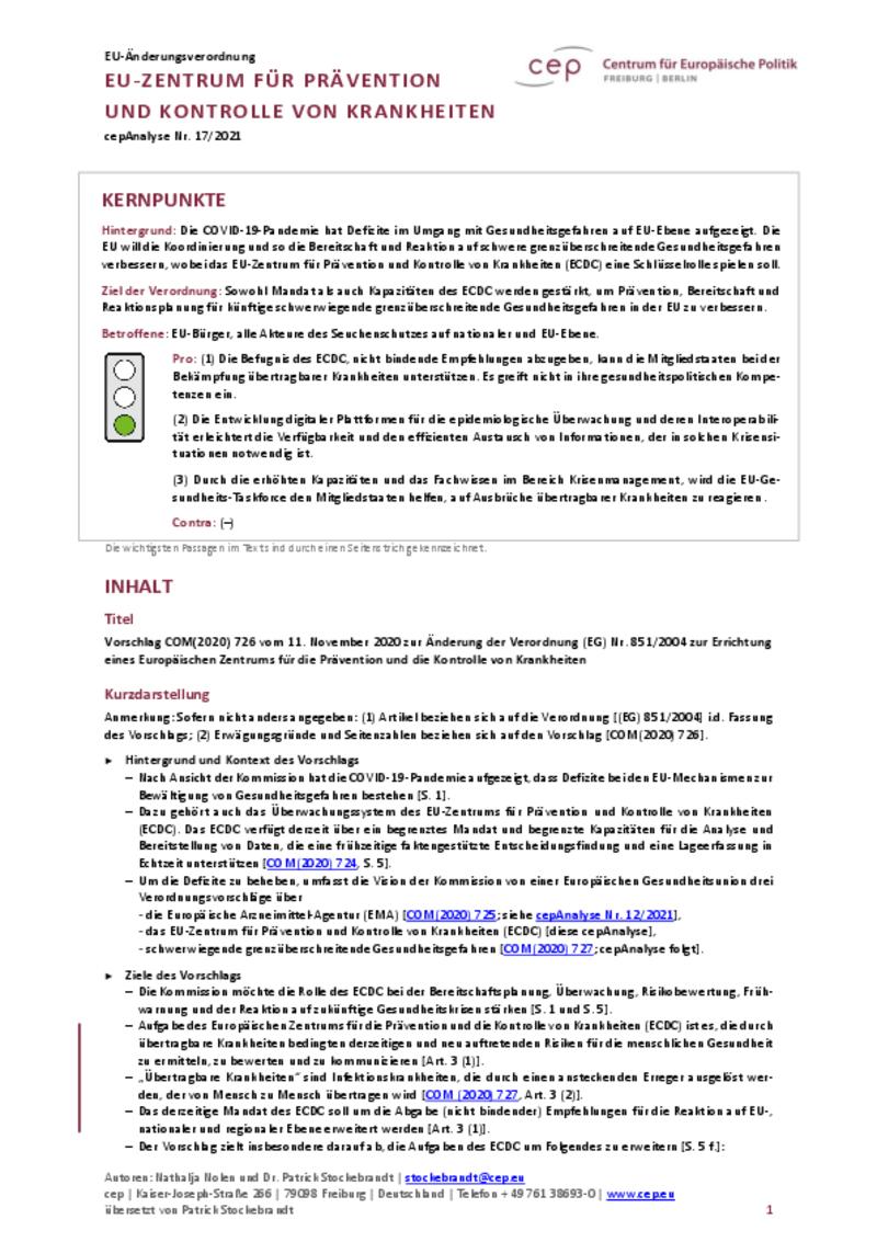 EU-Zentrum für Prävention und Kontrolle von Krankheiten (cepAnalyse zu COM2020 726)