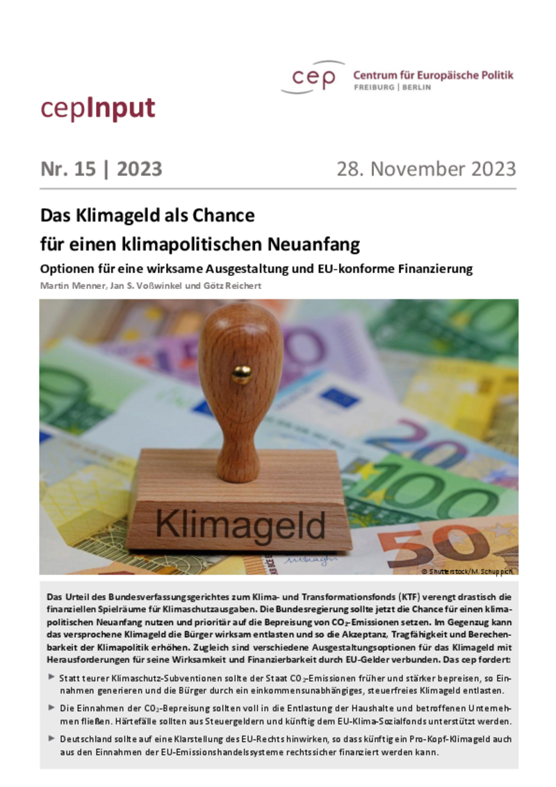 Das Klimageld als Chance für einen klimapolitischen Neuanfang (cepInput)