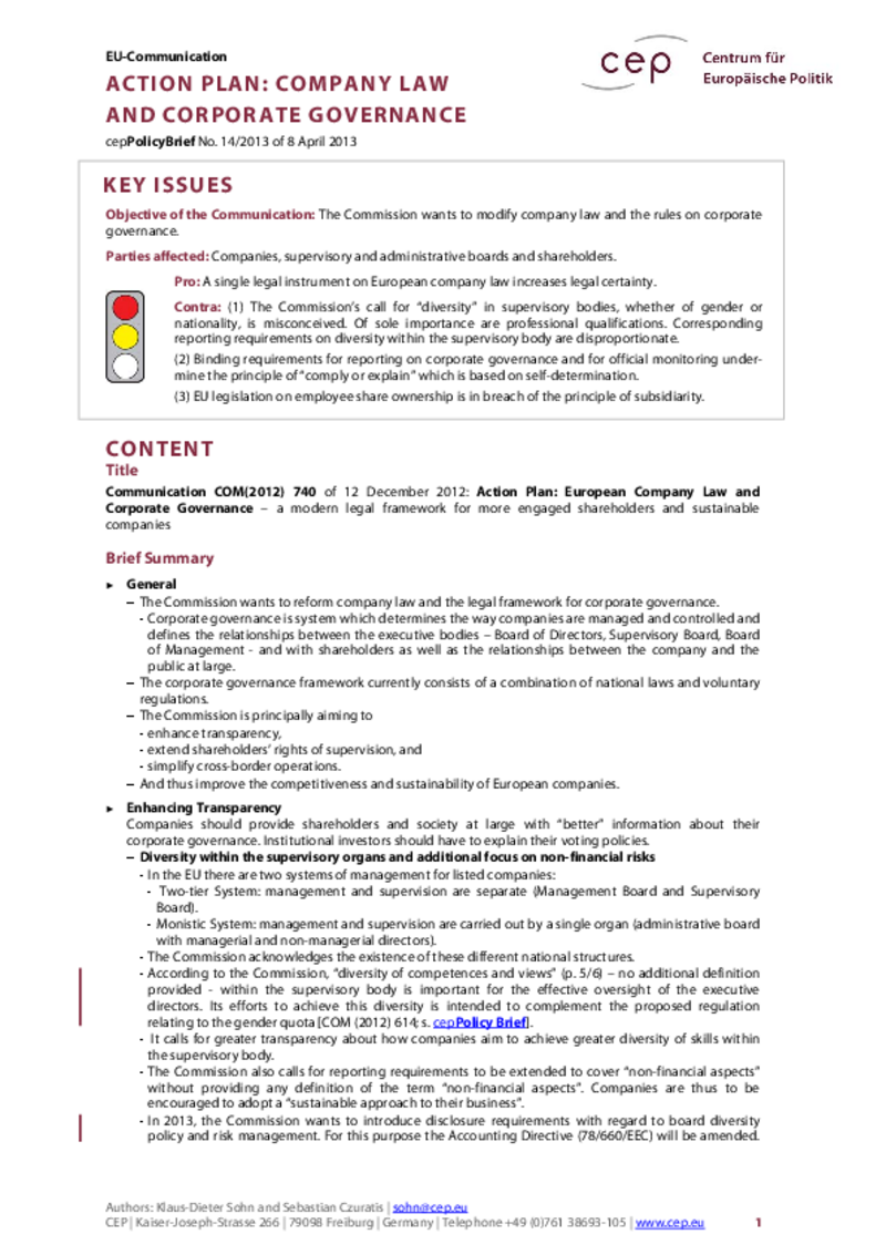 Action Plan: Company Law and Corporate Governance COM(2012) 740