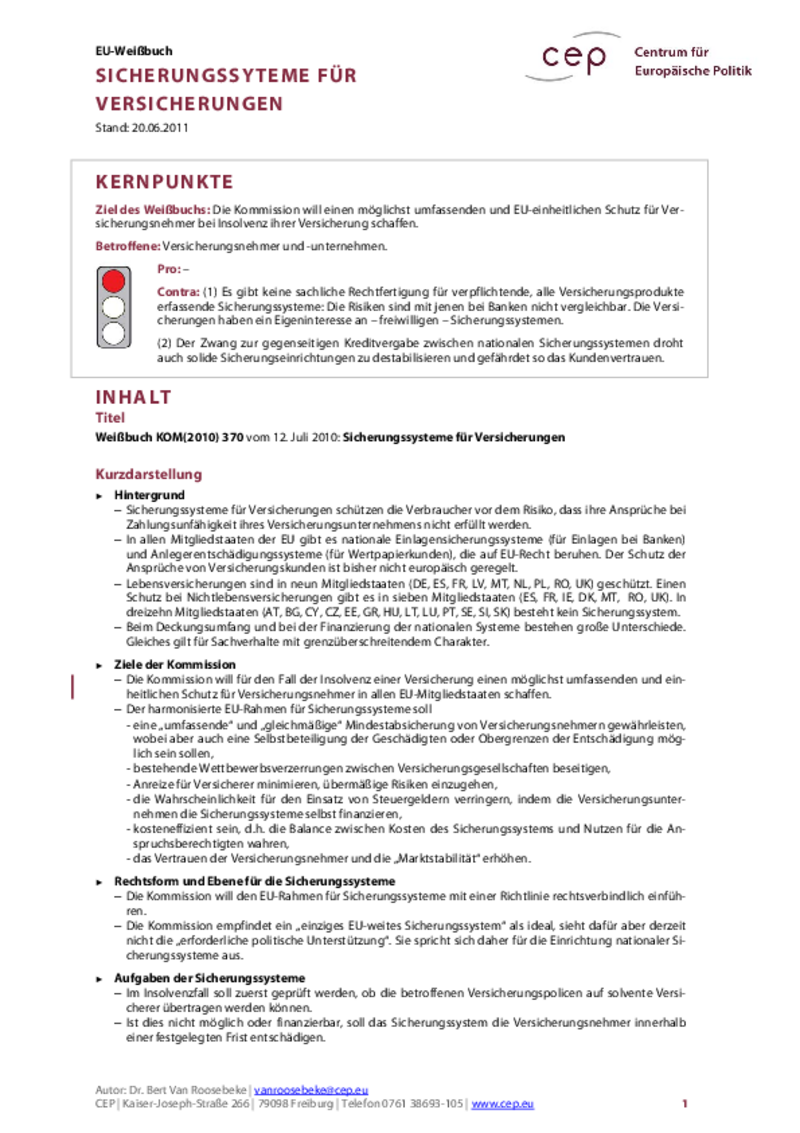 Sicherungssysteme für Versicherungen KOM(2010) 370