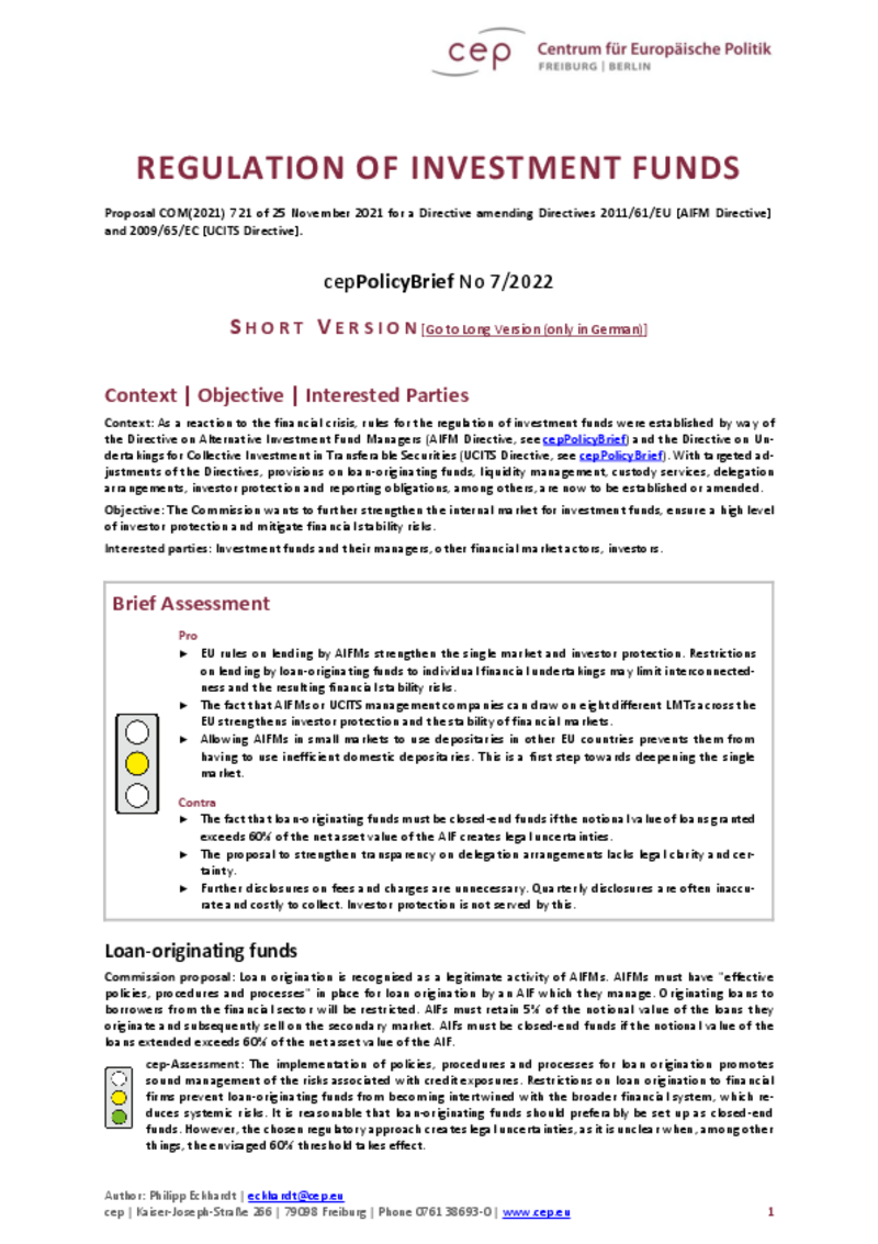 Regulation of Investment Funds (cepPolicyBrief)