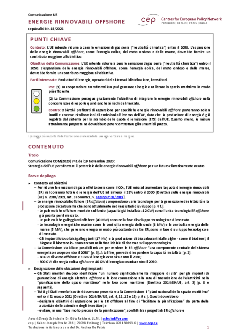 Energie rinnovabili offshore (cepAnalisi del COM2020_741)