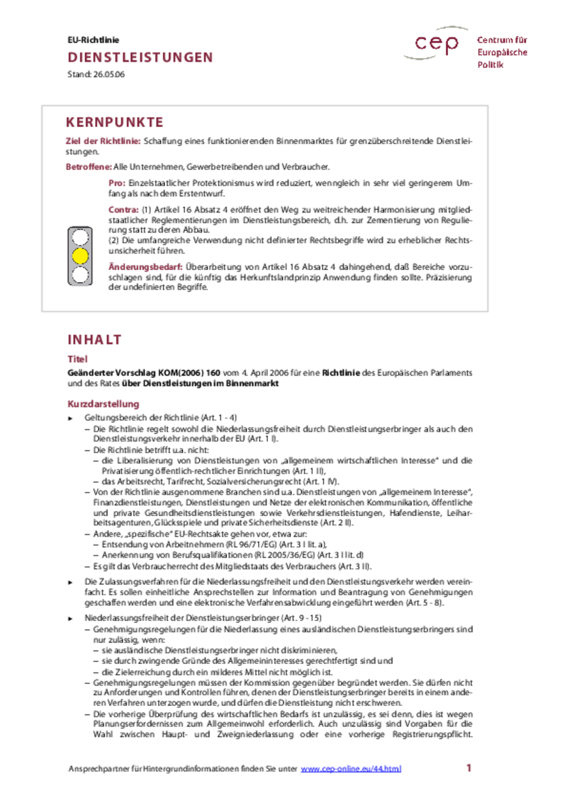 Dienstleistungen im Binnenmarkt KOM(2006) 160