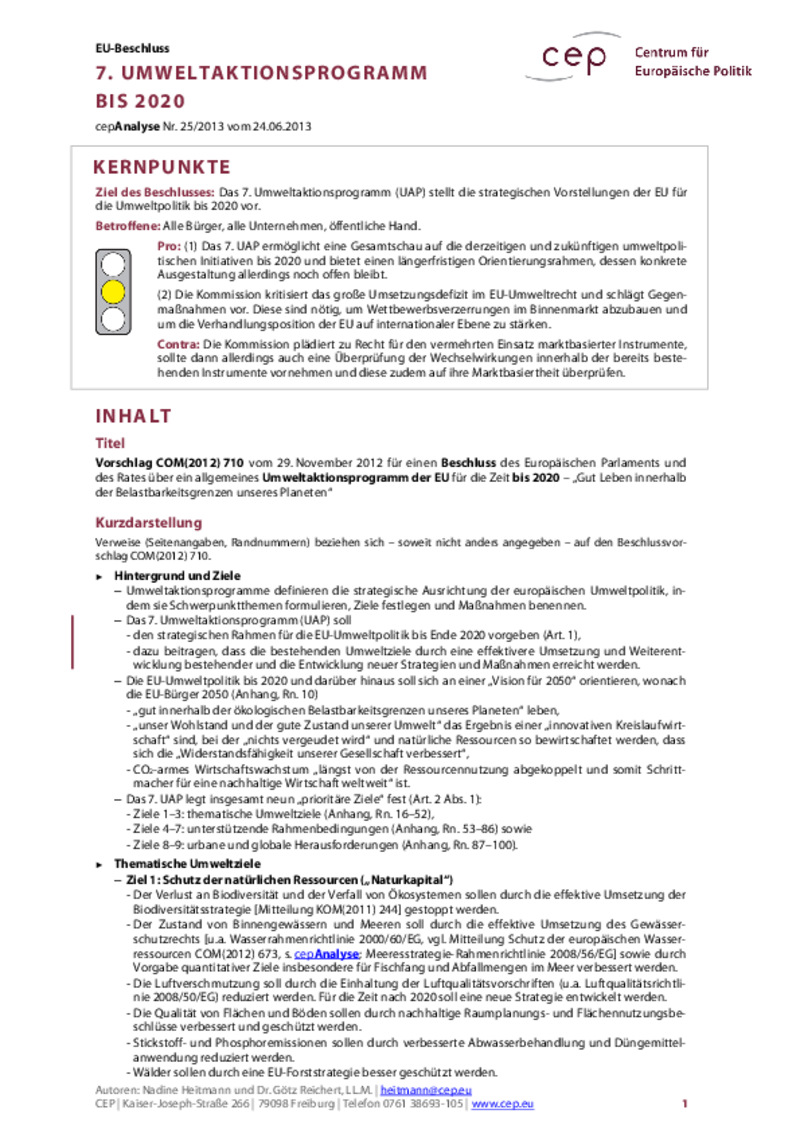 7. Umweltaktionsprogramm bis 2020 COM(2012) 710