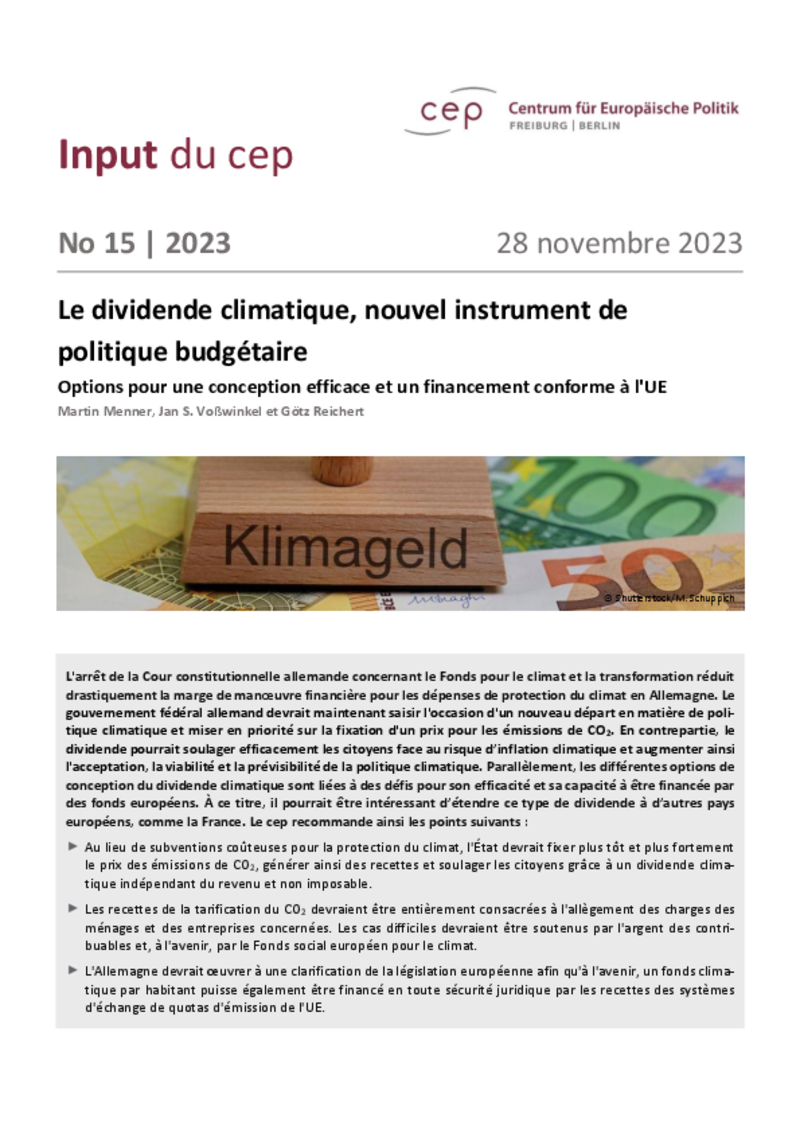 Dividende climatique : le cep recommande le versement d'une somme forfaitaire par habitant - avec un financement de l'UE