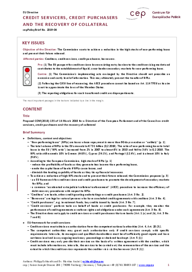 Credit servicers, credit purchasers and the recovery of collateral COM(2018) 135