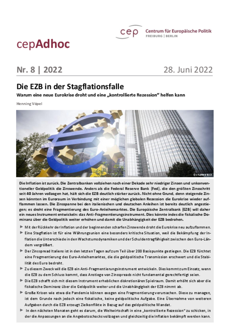 Die EZB in der Stagflationsfalle (cepAdhoc)
