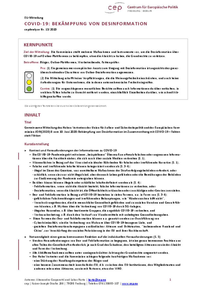 COVID-19: Bekämpfung von Desinformation (cepAnalyse)