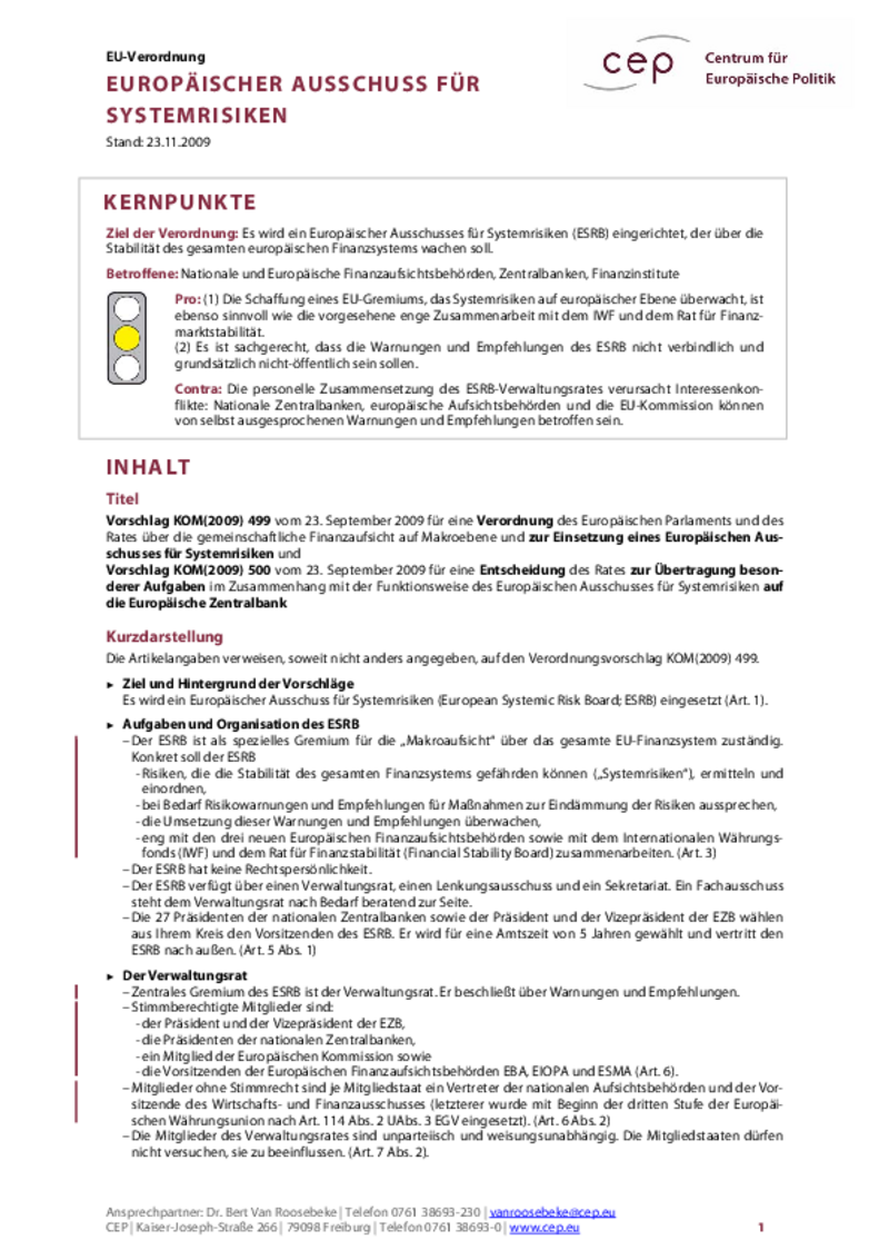 Europäischer Ausschuss für Systemrisiken KOM(2009) 499