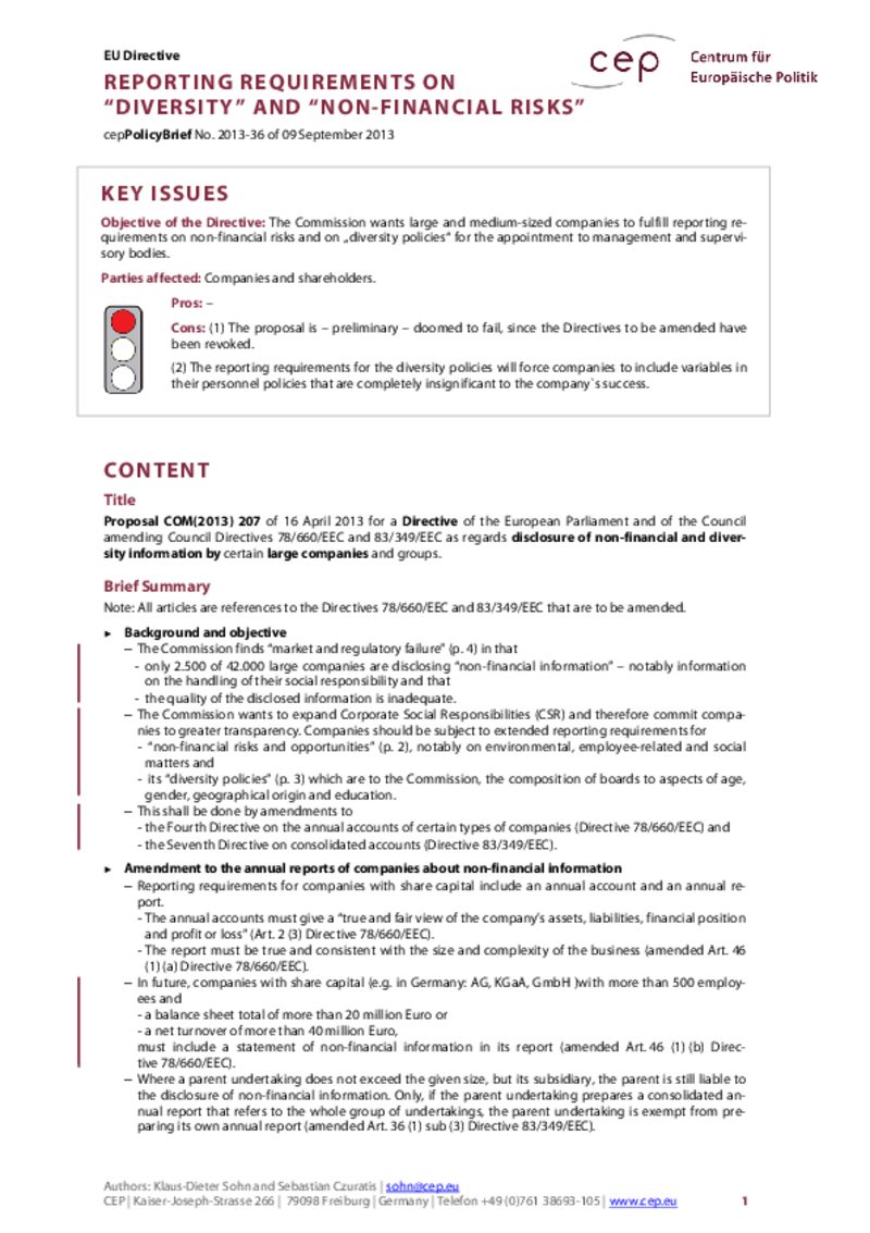 Reporting Requirements on „Diversity“ and „Non-financial Risks“ COM(2013) 207