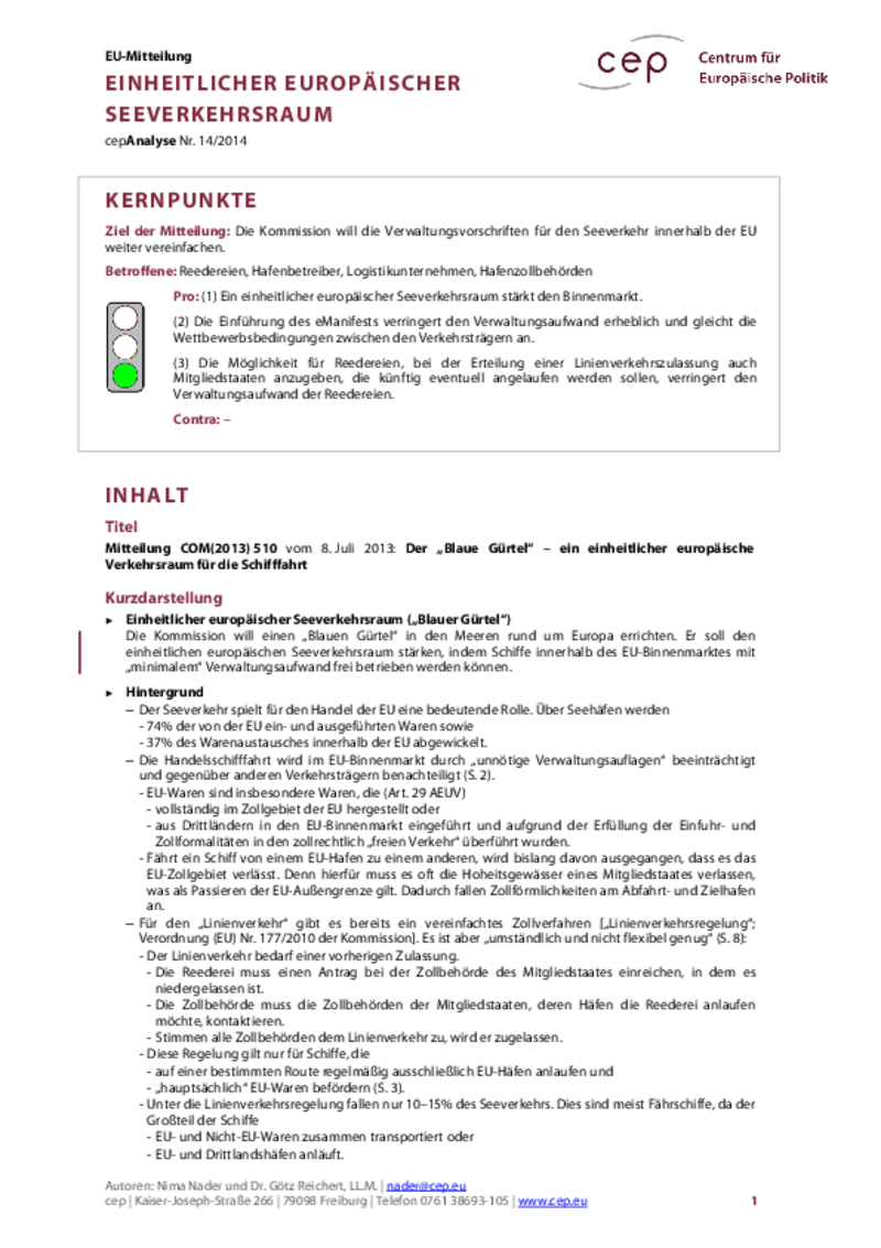 Einheitlicher Europäischer Seeverkehrsraum COM(2013) 510