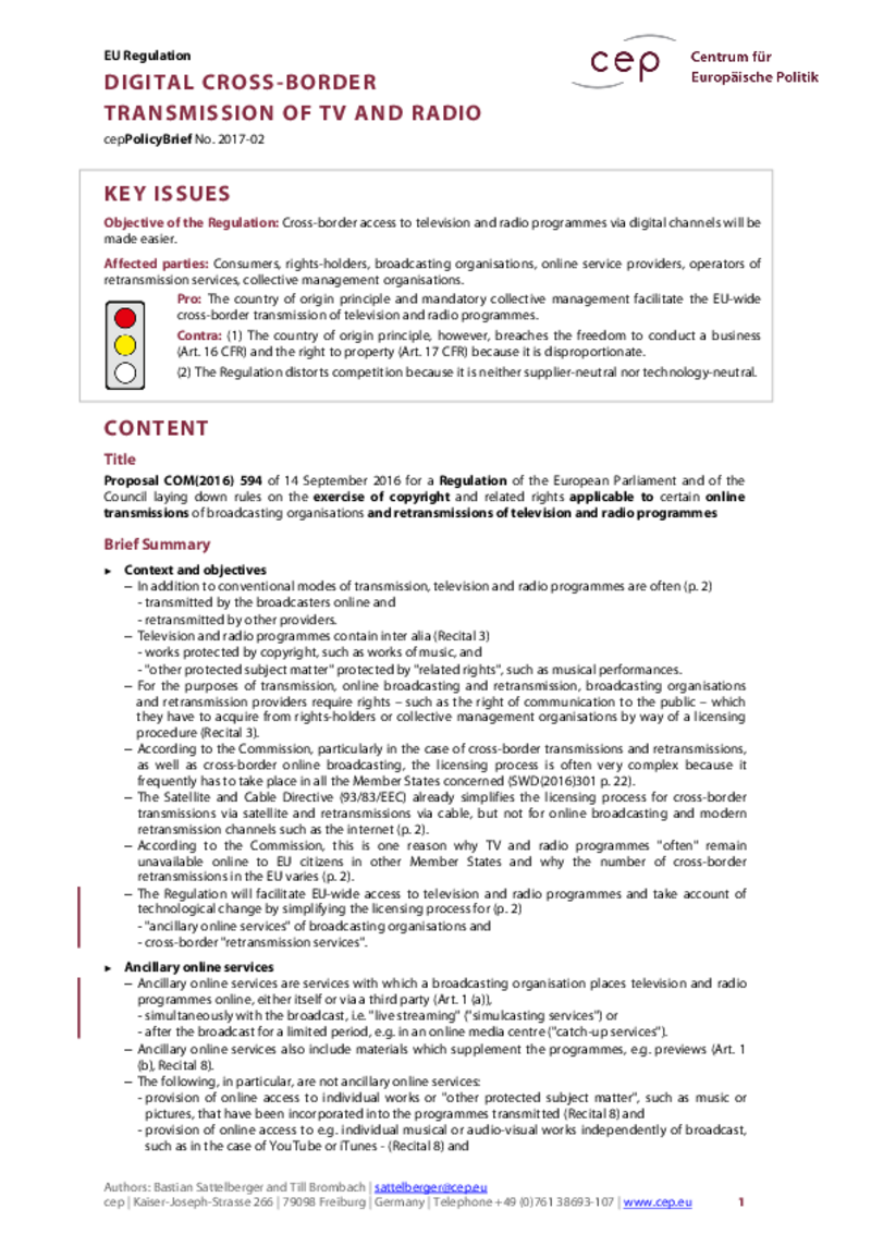 Digital Cross-border Transmission of TV and Radio COM(2016) 594